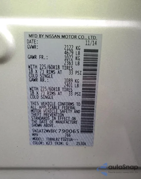 2015 Nissan Rogue S z USA, uszkodzony, nr VIN 5N1AT2MV8FC790065